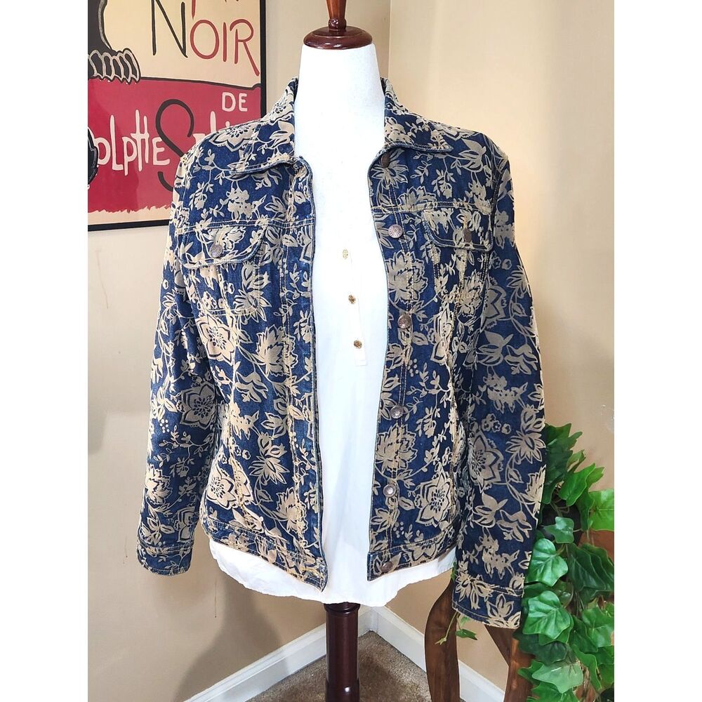 Vintage Bill Blass Flocked Floral Denim Trucker Jacket Blue Tan Large 90s Boho